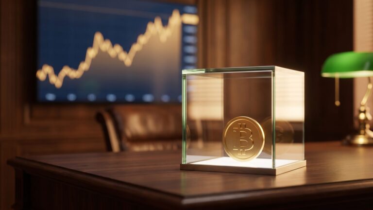 Bitcoin ETF ETP για Έλληνες — χρυσό Bitcoin σε γυάλινη θήκη σε γραφείο χρηματιστή
