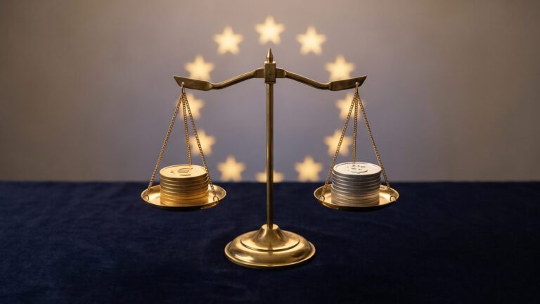 Stablecoins USDC EURC υπό MiCA — ζυγαριά ευρώ και δολαρίου